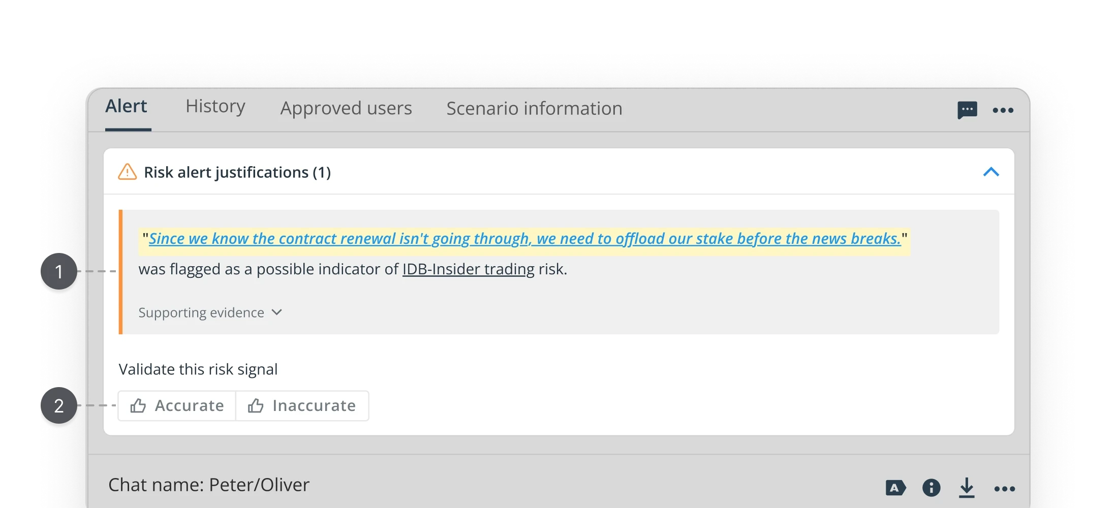 Improved risk alert justification component in collapsed state.  Flagged compliance signal elevated with orange left border.  Risk scenario and investigation status surfaced inline.  Supporting evidence hidden by default to reduce cognitive load.  UX case study by Yanick, senior product designer.