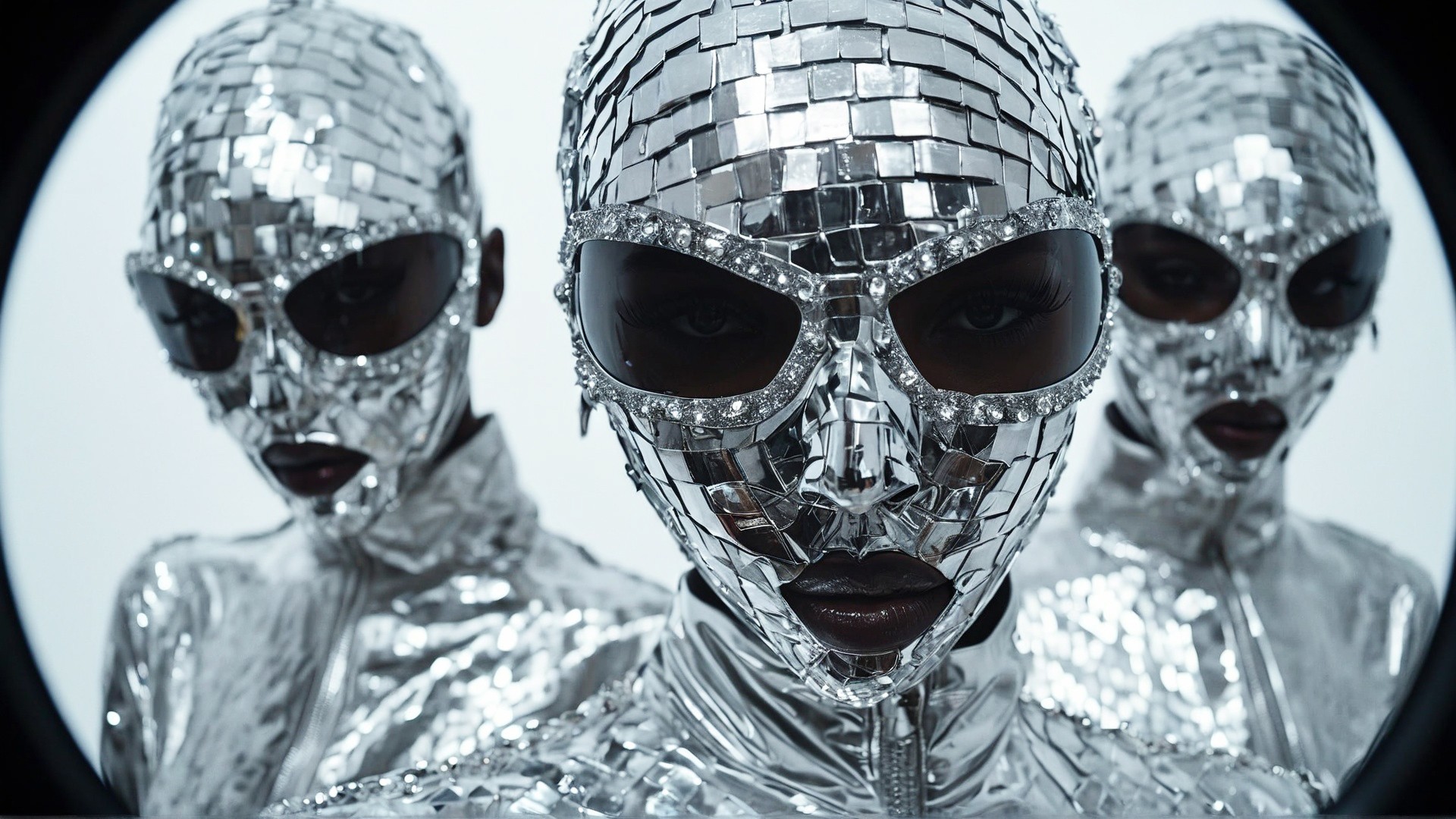 Surreal silver-cloaked figures in mirrored portrait, merging identity and digital fantasy