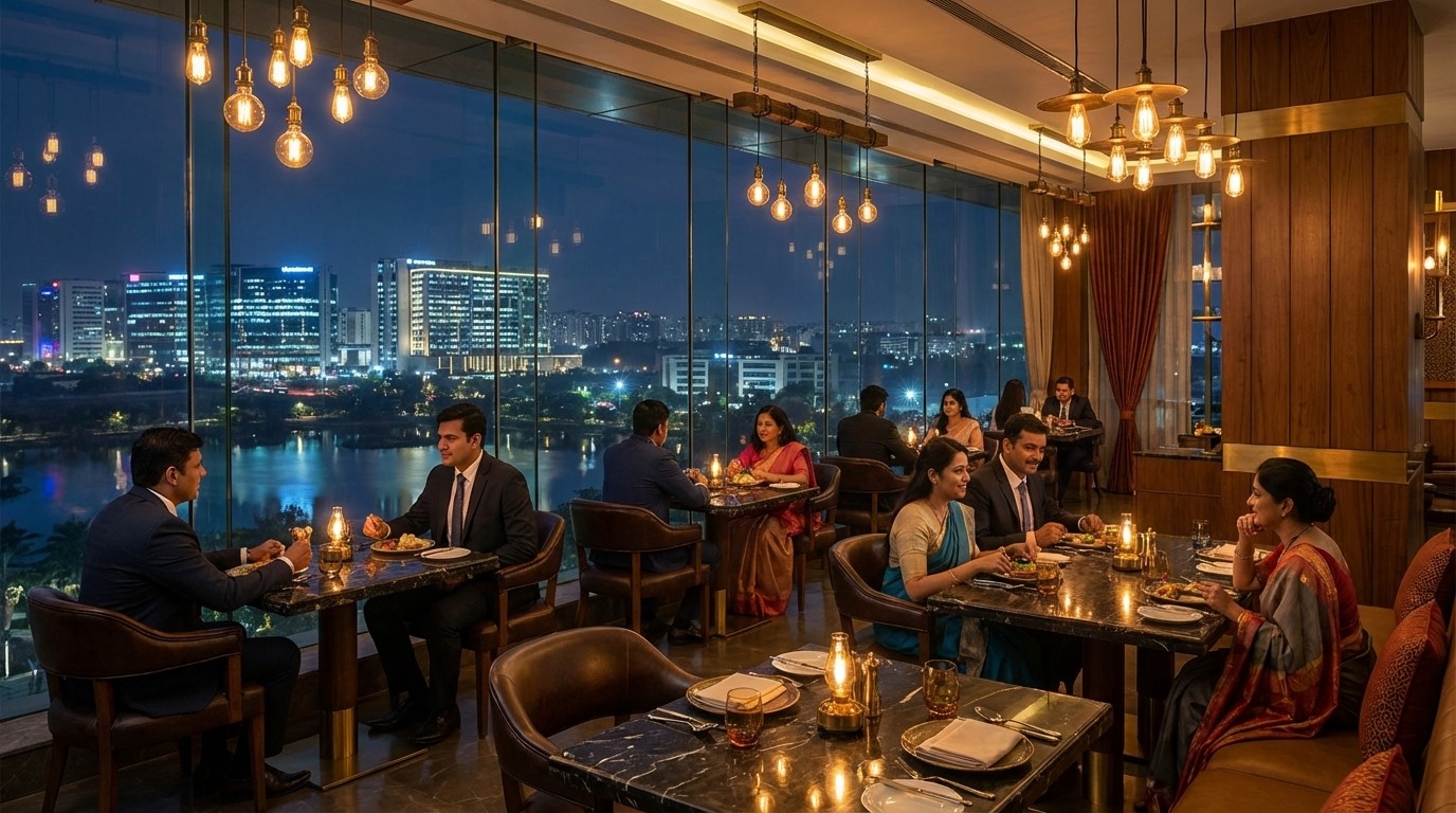 Upscale in-tower fine dining restaurant at Prestige Vaishnaoi Rainbow Waters with floor-to-ceiling glass windows overlooking the Gachibowli skyline at night