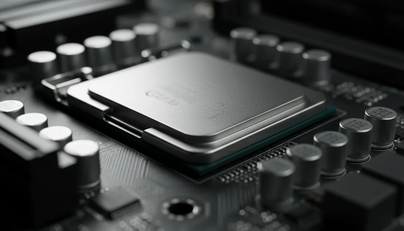 Macro DSLR photograph of an Intel computer CPU seated in a motherboard socket, captured with an angled close-up perspective. The lighting is cinematic contrast, creating deep shadows and bright specular highlights on the brushed metal retention bracket. The focus is razor-sharp on the silver CPU heat spreader, with a very shallow depth of field that creates a soft bokeh effect, blurring the dark, matte-textured motherboard and the surrounding cylindrical capacitors in the background.