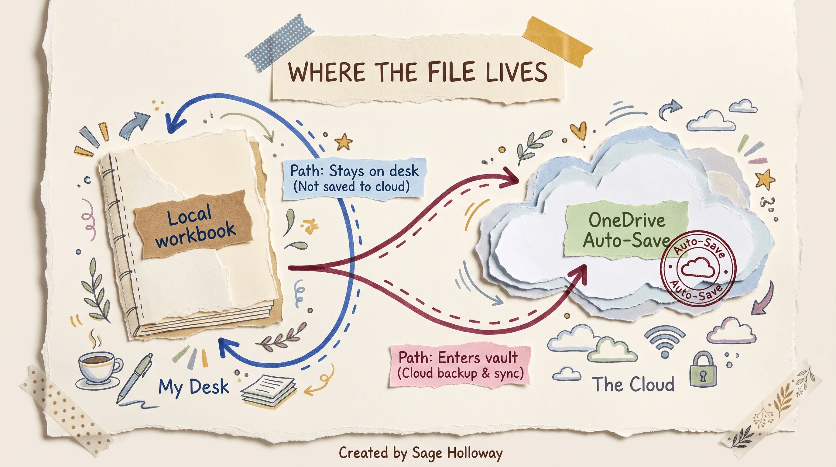 Scrapbook diagram of a local offline workbook path versus a Copilot OneDrive Auto-Save path