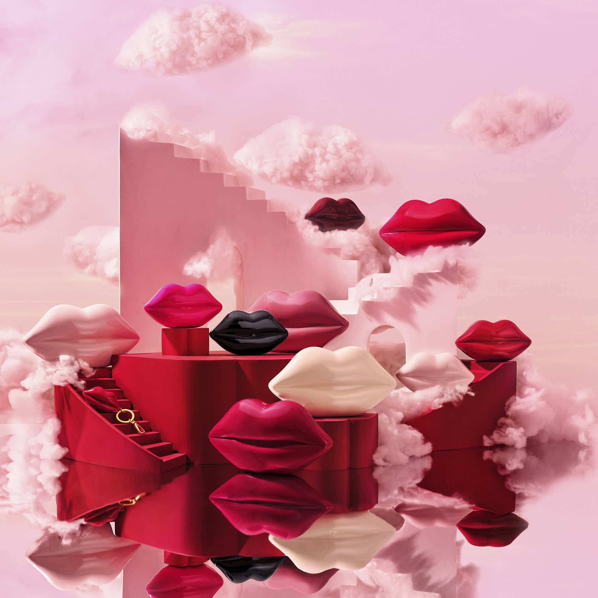 A festive arrangement of red clutch bags and rose clouds against a pink background, creating a romantic atmosphere.