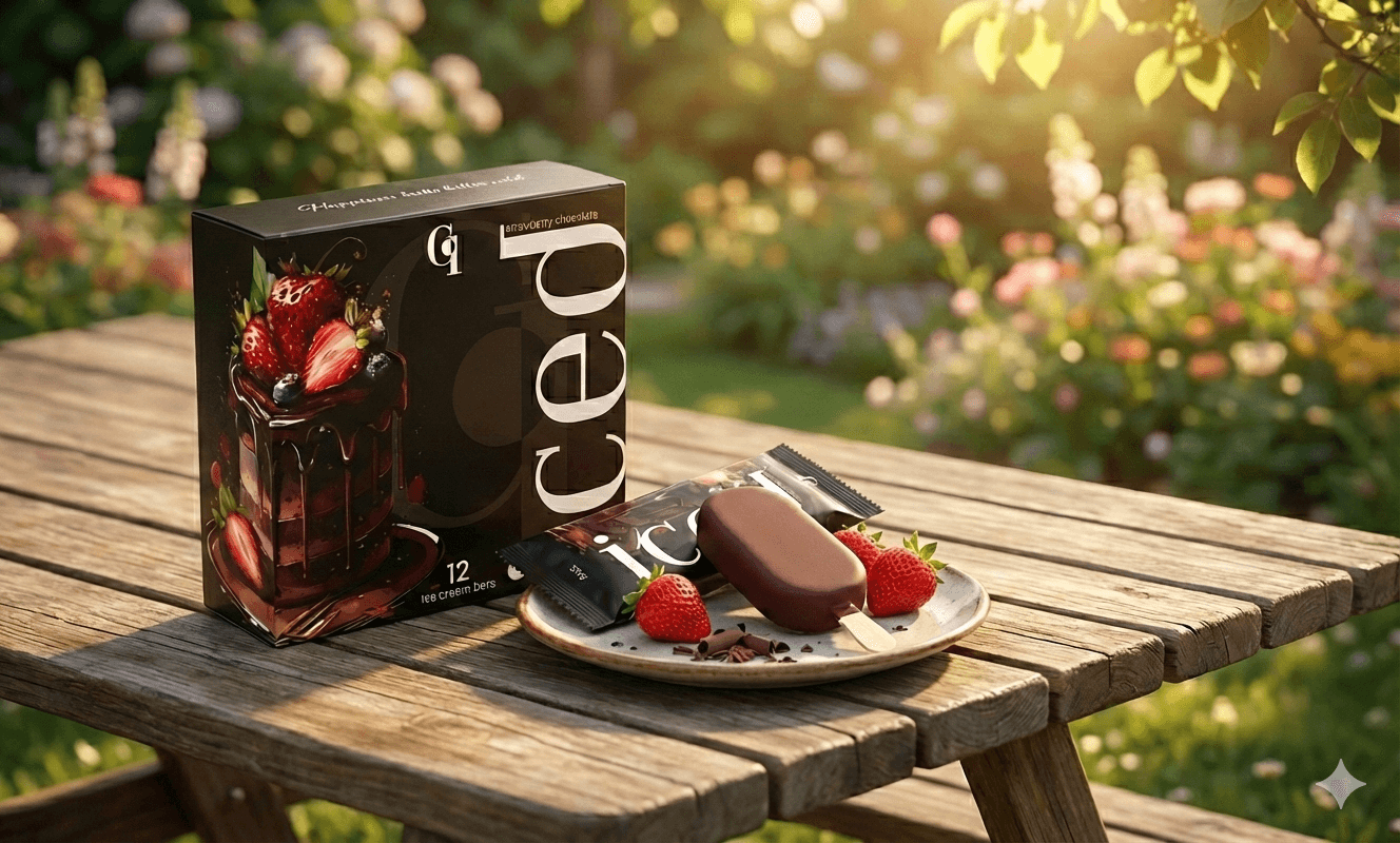 ICED ice cream package on a picnic table