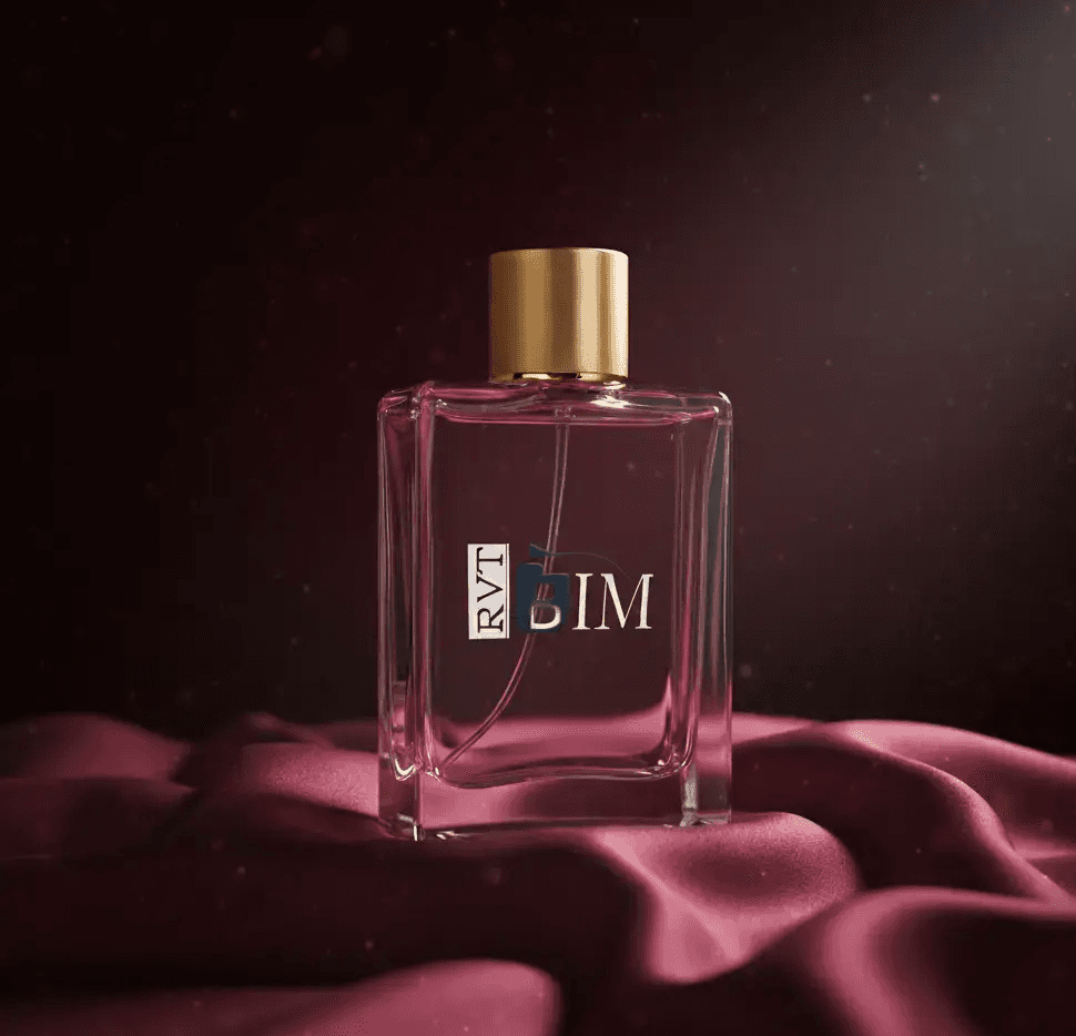 A bottle of SIM perfume by RVT sits on a dark red fabric. The bottle is rectangular with a gold cap.
