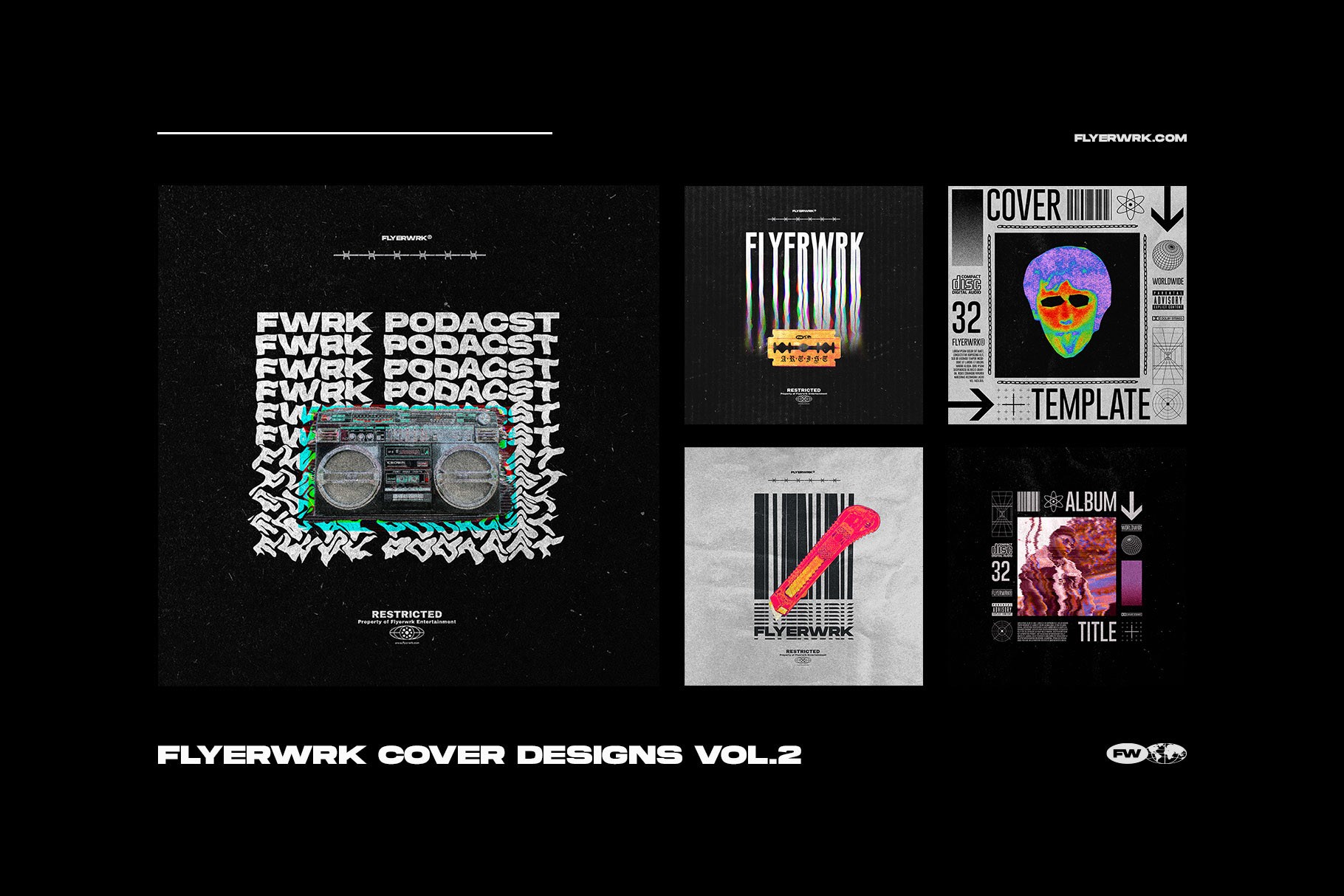 Selection of five creative cover designs from volume two highlighting glitch and industrial graphic styles