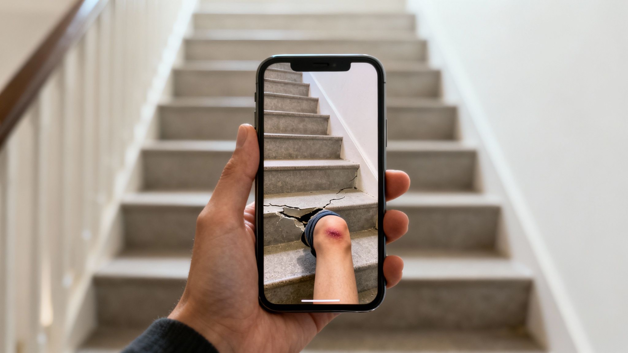 A person taking a photo of a hazardous staircase with their smartphone