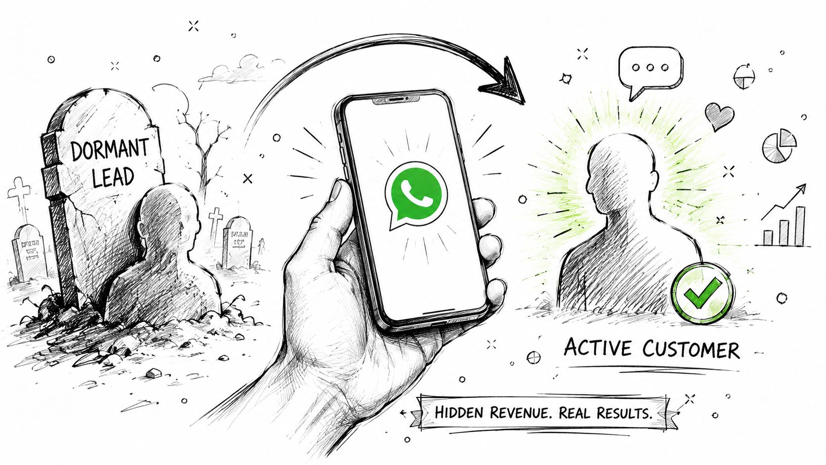 Illustratie van een inactieve lead die via WhatsApp wordt geactiveerd tot een tevreden, actieve klant.