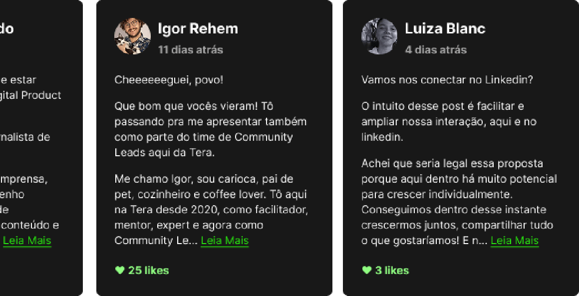 Três blocos de texto em um fundo escuro, cada um apresentando diferentes títulos e descrições relacionadas a um tópico.