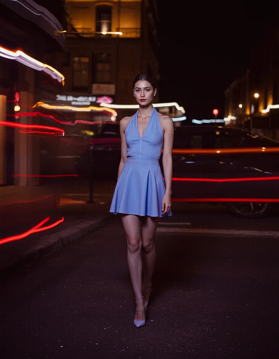 Elegant lavender halter dress photographed against a dark city street with streaking red and white light trails creating a dramatic nighttime backdrop