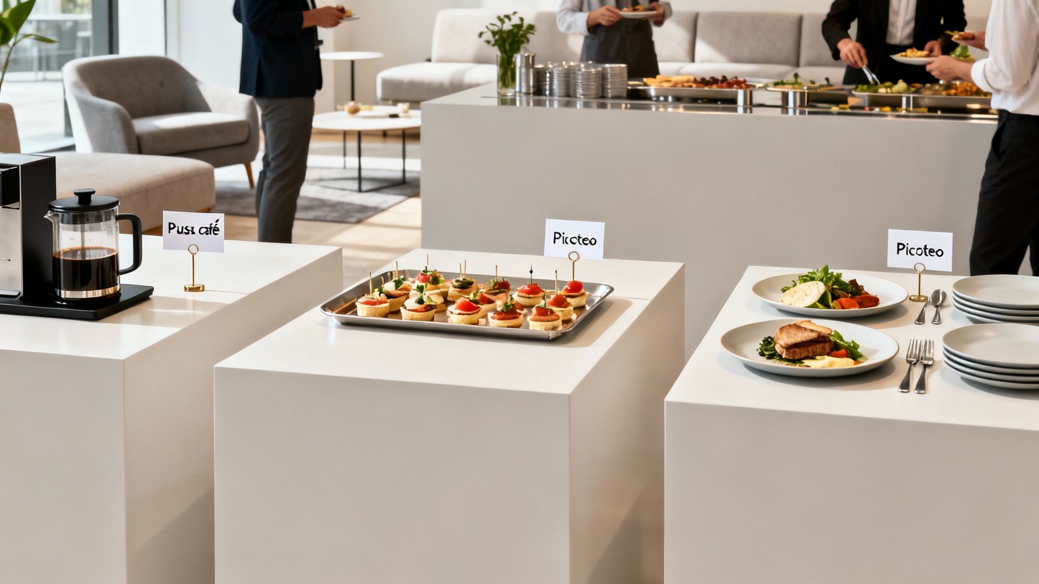 Bebidas y aperitivos para un evento de catering empresarial con personas sirviéndose comida.