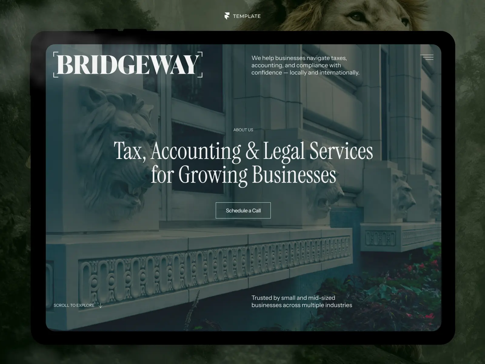 Accounting and legal services Framer website template displayed on a tablet featuring a premium corporate homepage.