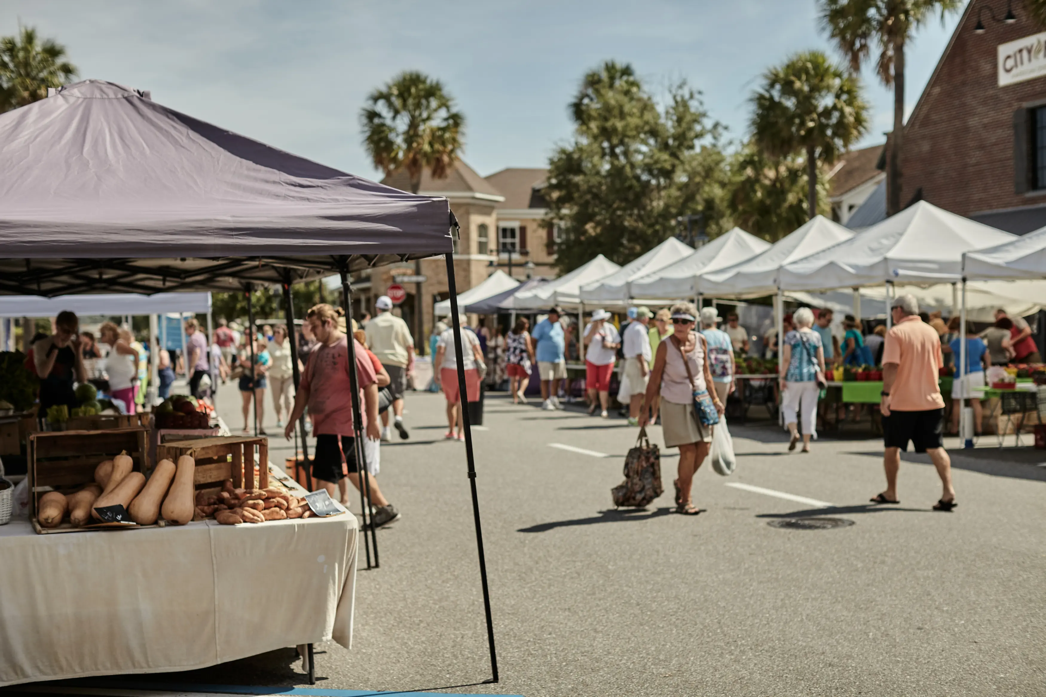 Outdoor farmers market with stalls