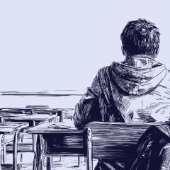 Portada de Proyecto de ley: convivencia escolar, una necesidad urgente, pero un proyecto que no da en el foco, apunte de política pública de IdeaPaís, mostrando una ilustración de un niño o adolescente de espaldas solo en una sala de clases.