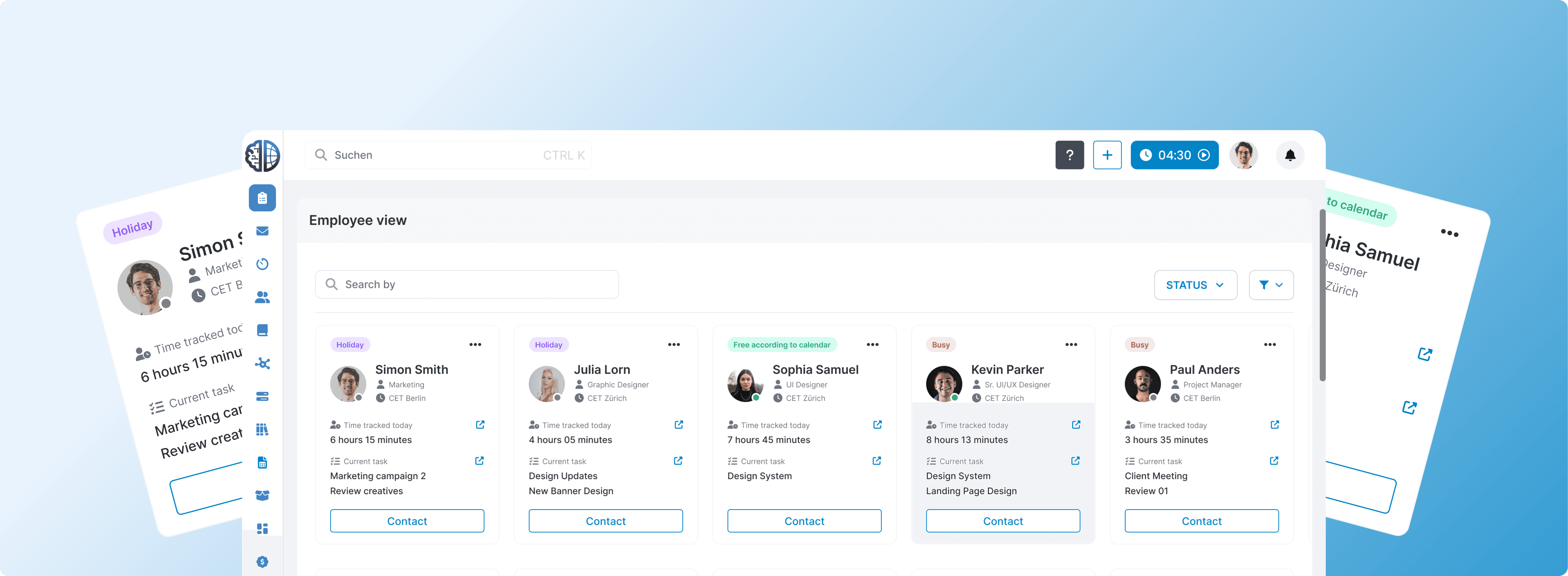 Aico internal dashboard showing an employee view with profile cards for five team members including name, role, time tracked, and current task, with individual employee detail cards fanned out on either side