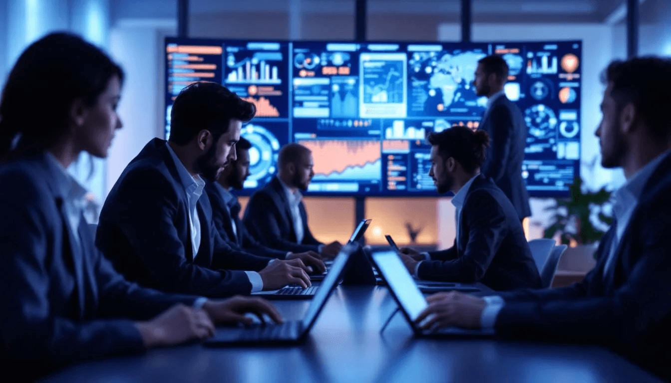 A diverse group of individuals collaborates around a digital security interface, symbolizing the concept of collaborative custody in the digital asset space. They engage in discussions about safeguarding client assets and managing private keys, highlighting the importance of crypto custody solutions for institutional investors and financial institutions.