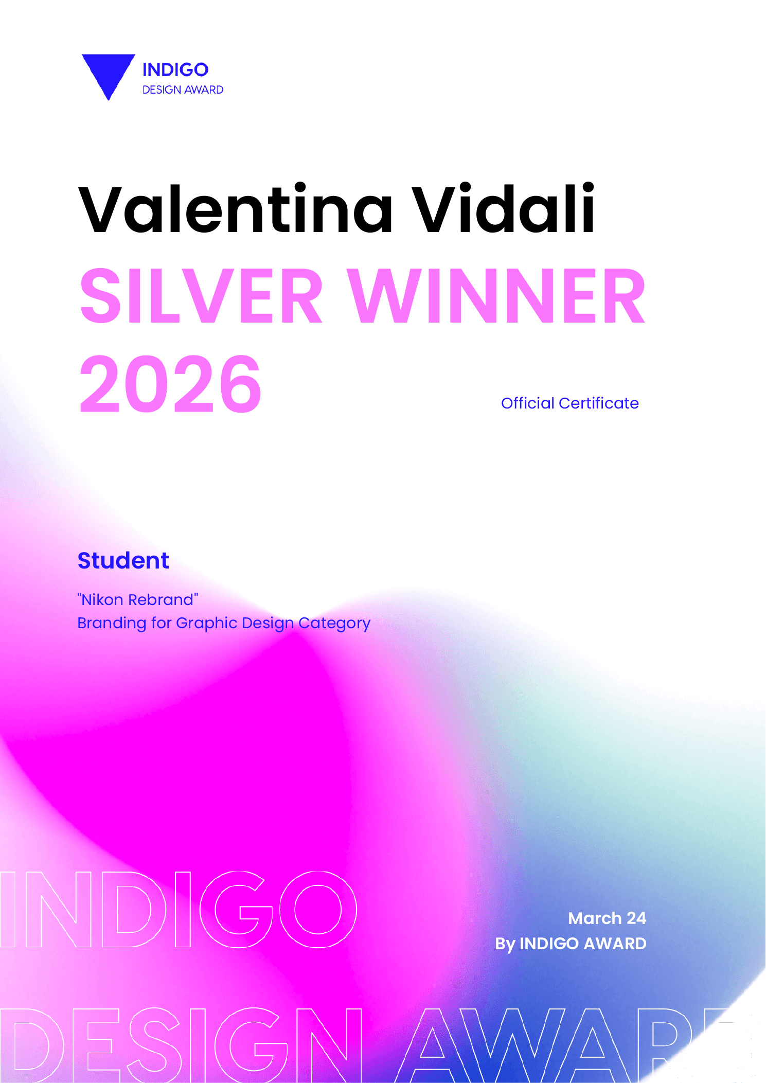 Indigo Design Award original certificate