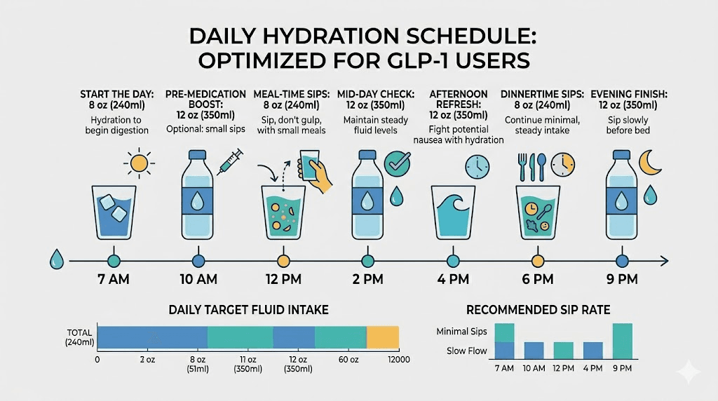 GLP-1 hydration schedule for constipation relief throughout the day