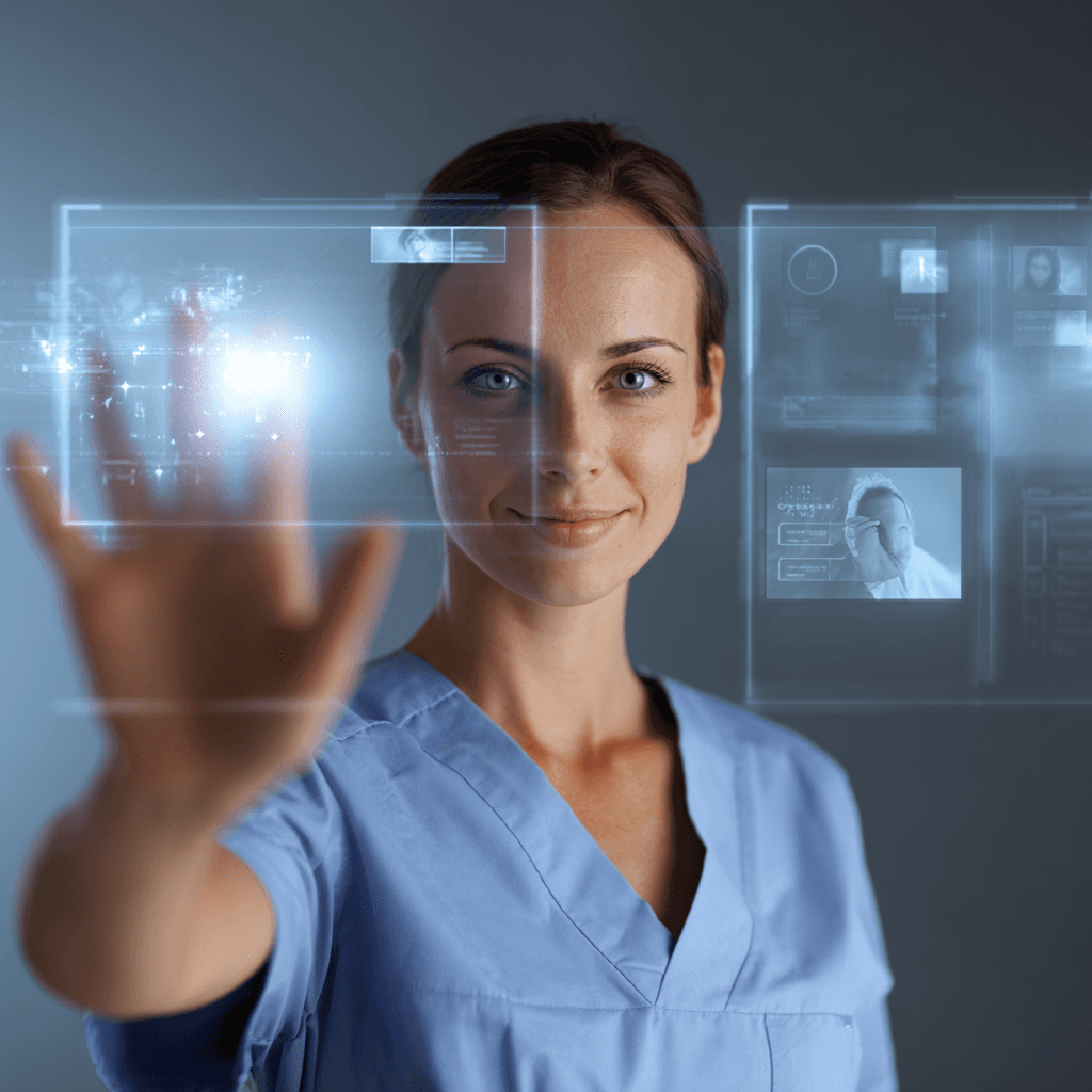 A woman in medical scrubs interacts with a futuristic holographic screen, her hand reaching out confidently. The atmosphere is modern and innovative.