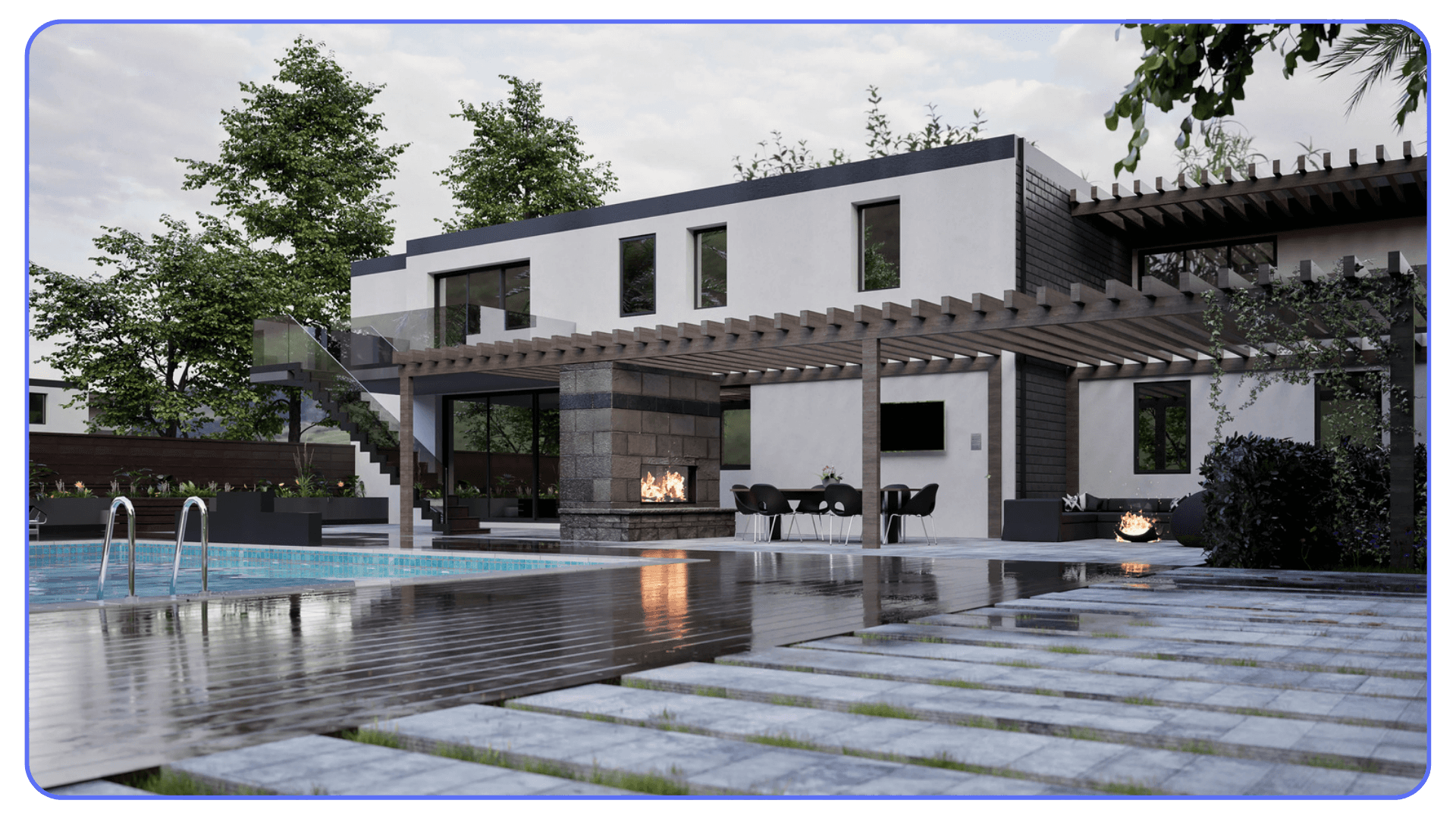 A high-quality 3D render of a modern two-story house with a pool, pergola, outdoor dining area, and wet reflective surfaces after rainfall.