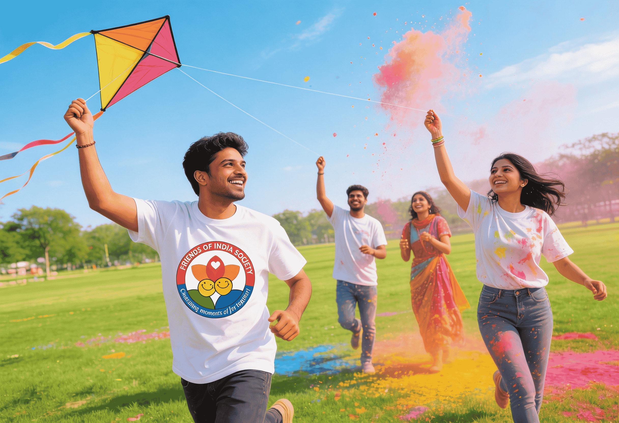 A woman wearing a purple sweater holds a green smartphone and smiles warmly under a clear blue sky, conveying happiness and connectivity.