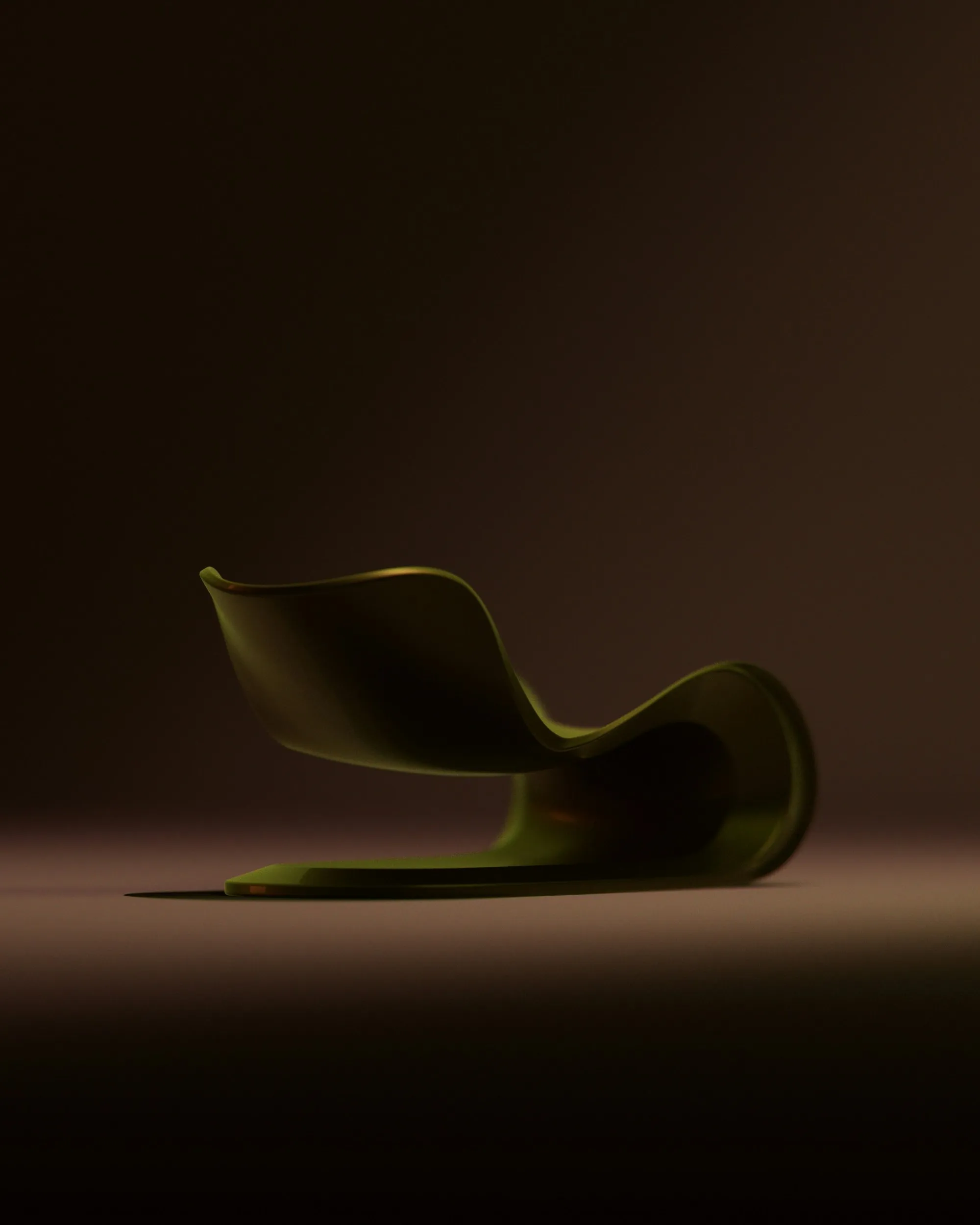 A modern, curved lounge chair on a dark background.