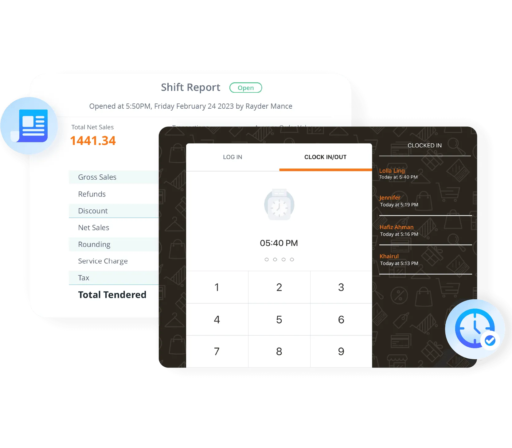 StoreHub POS staff clock-in screen with facial recognition time tracking and shift management.