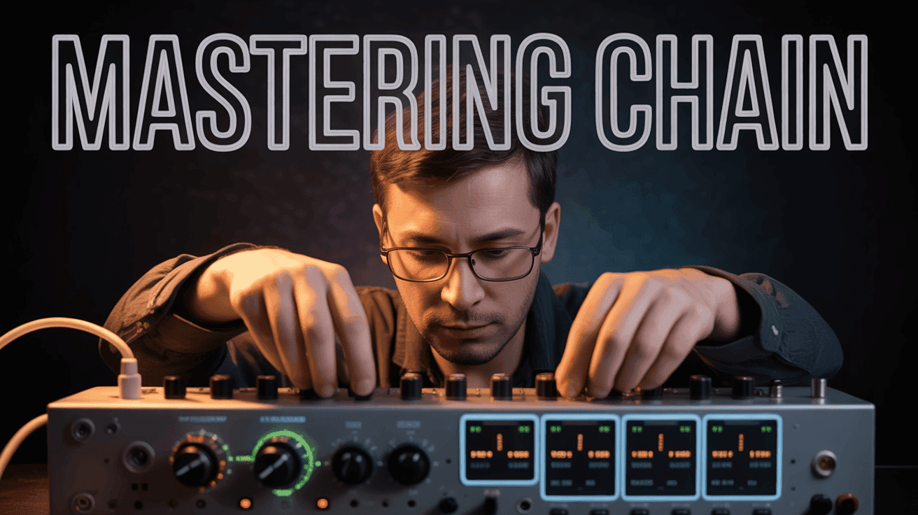 Mastering Chain Walkthrough Thumbnail, featuring a mastering engineer tweaking outboard gear with loudness meters and chain diagrams glowing
