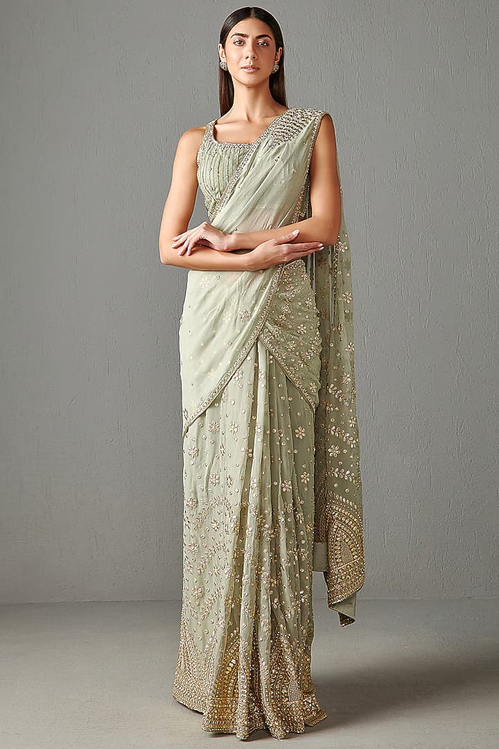 Deep sage green georgette saree set with gota patti by Rabani and Rakha, ₹94,000