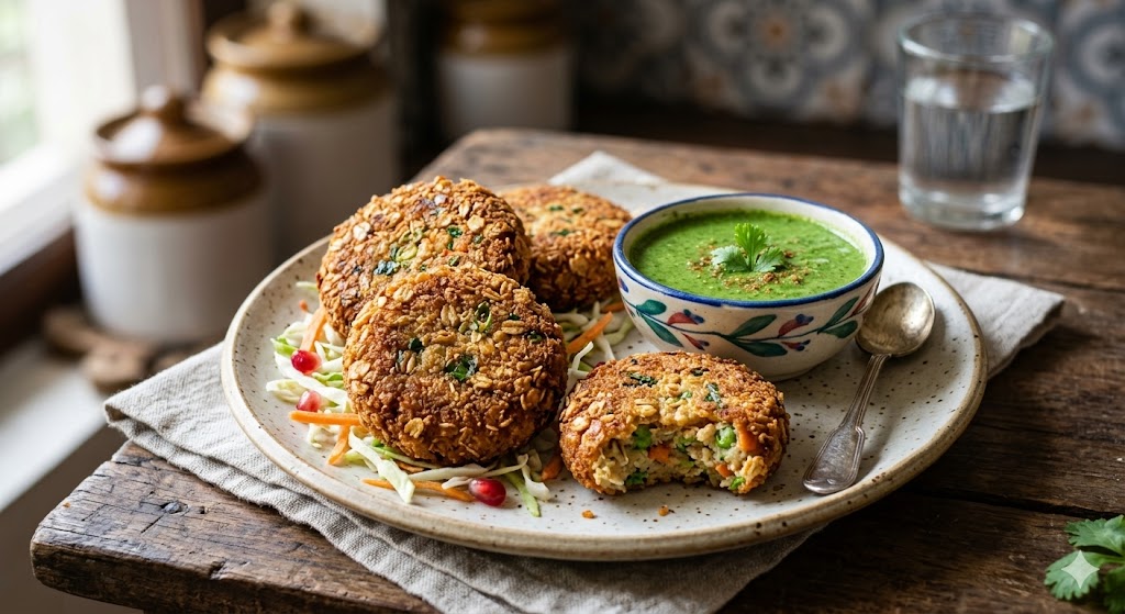 A close-up photograph of four crispy, golden-brown oats tikki cutlets served on a rustic plate with a small bowl of fresh green chutney and a side salad, set on a wooden table in a traditional kitchen.