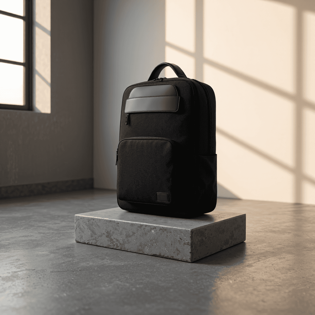 product photography of a laptop bag with handles and multiple compartments