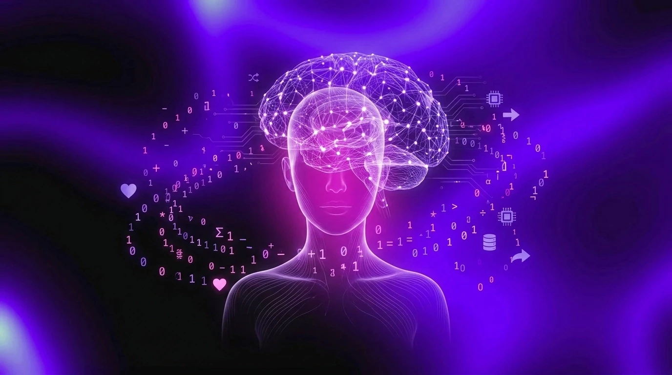 An abstract visualization of a human silhouette and a digital AI brain mesh intersecting.
