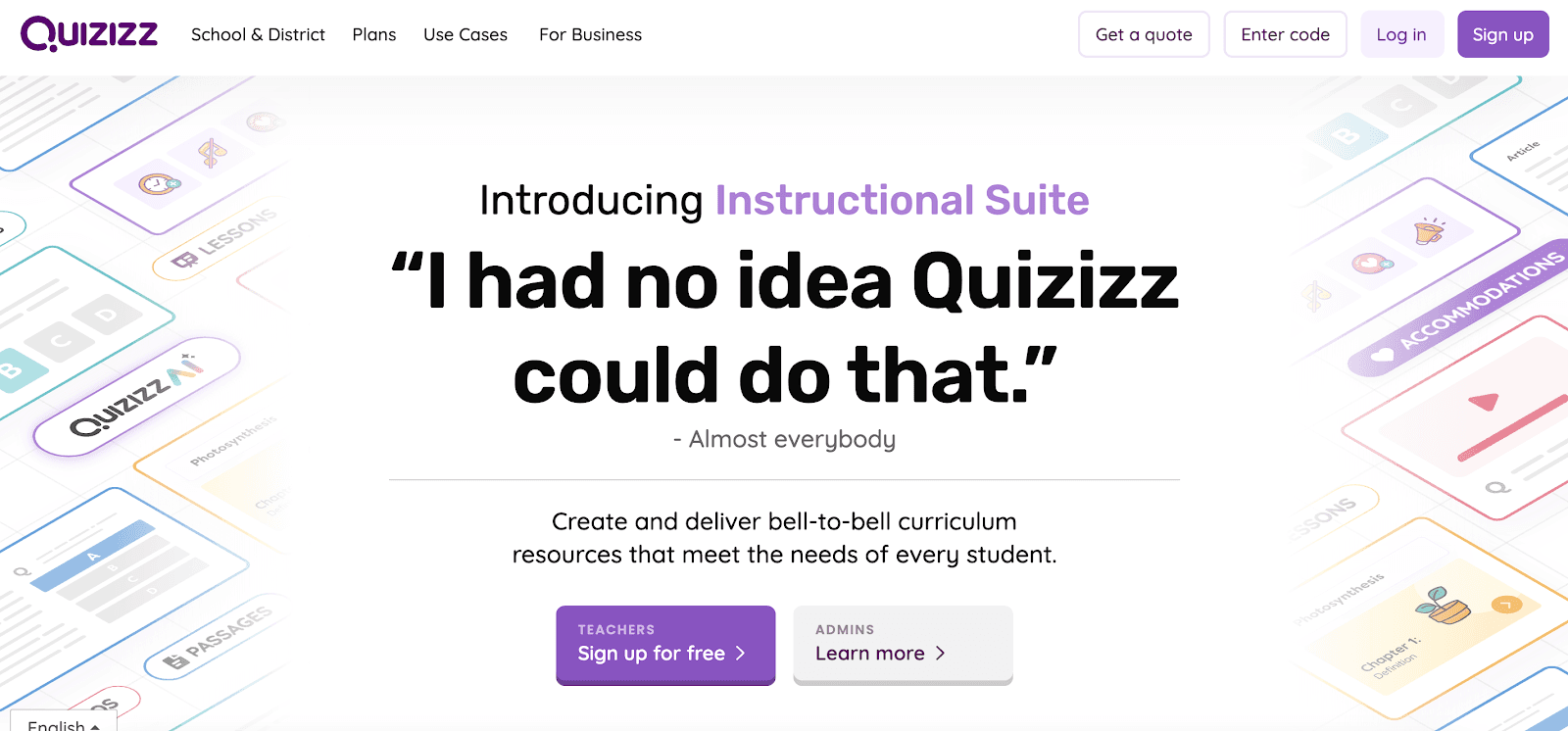 Screenshot of Quizizz's website homepage