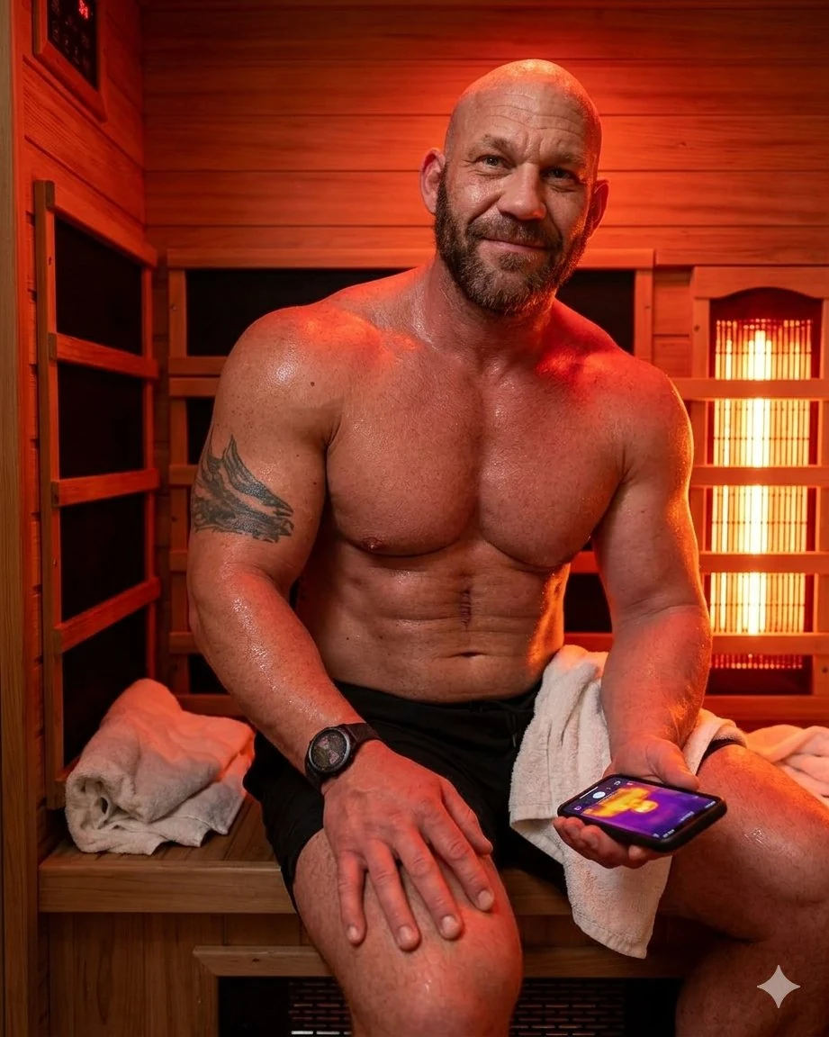 Athlete relaxing inside an infrared sauna with red ambient lighting