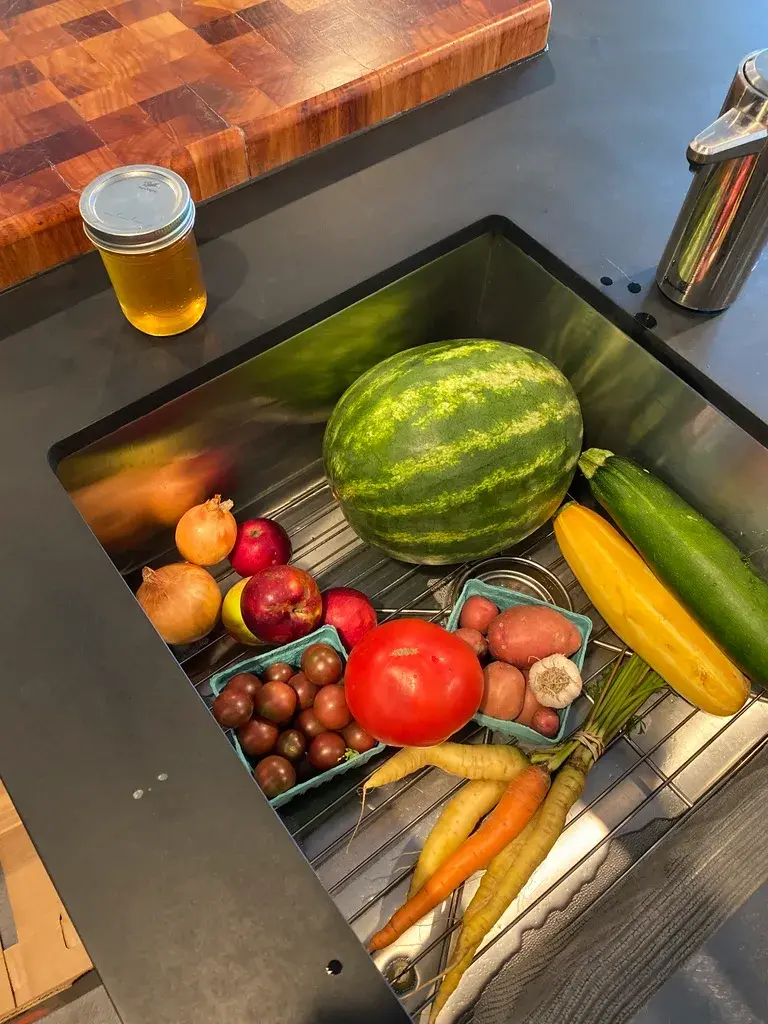 A stainless steel kitchen sink filled with a variety of fresh produce including a watermelon, tomatoes, mushrooms, mixed root vegetables, and zucchinis, with a jar of honey nearby on a wooden countertop.
