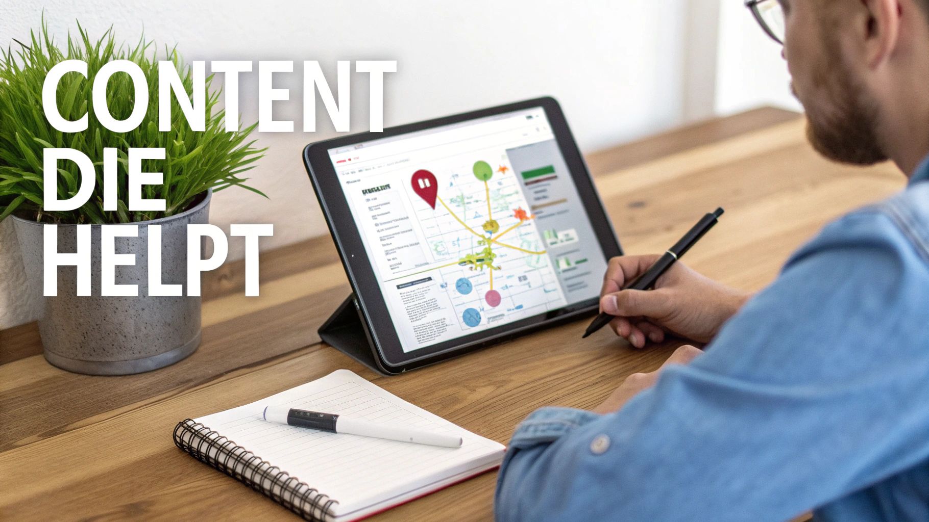 Een persoon schrijft met een stylus op een tablet, met de tekst 'CONTENT DIE HELPT' eroverheen. Een notitieboek en plant staan op het bureau.