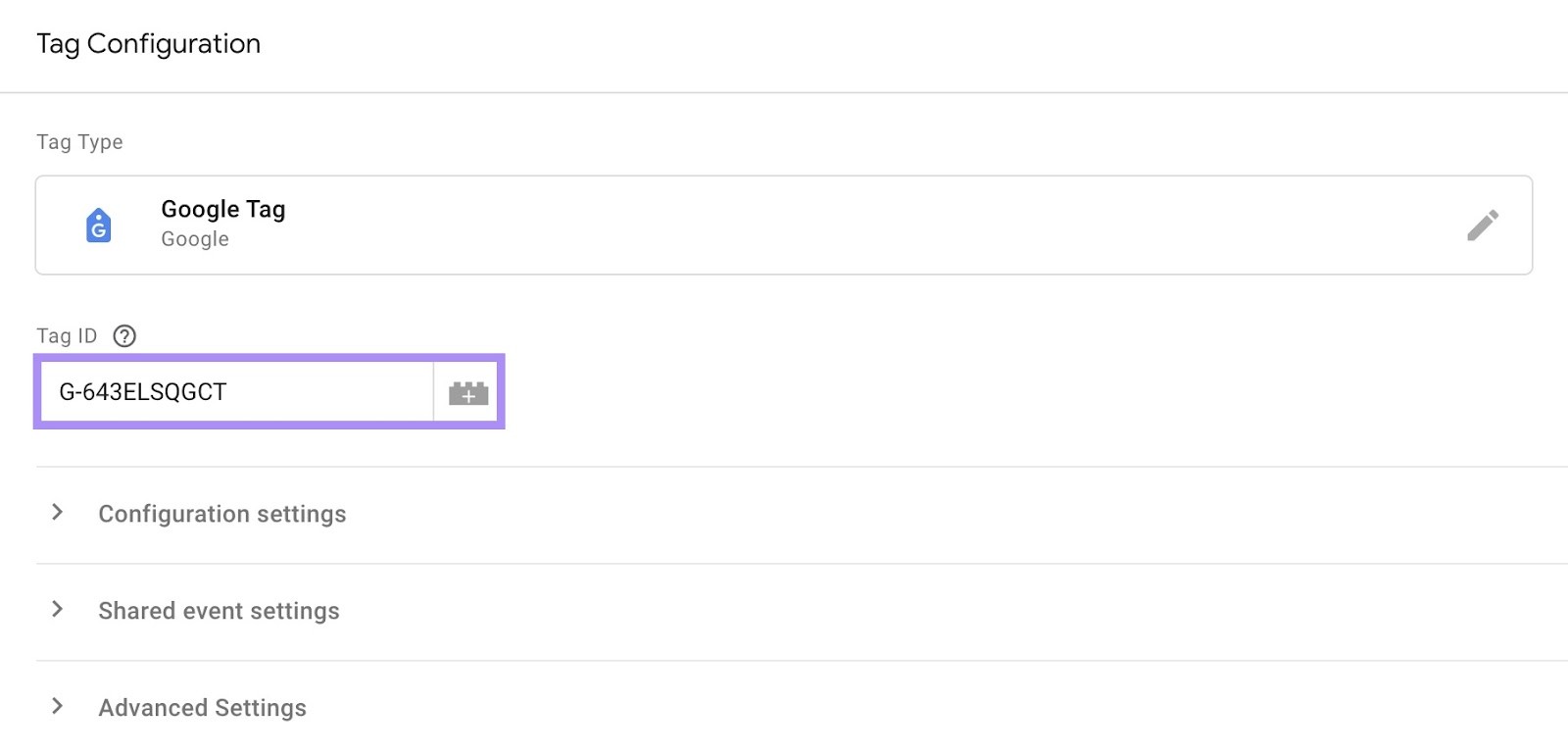 GA4 data stream’s measurement ID added under "Tag ID" field