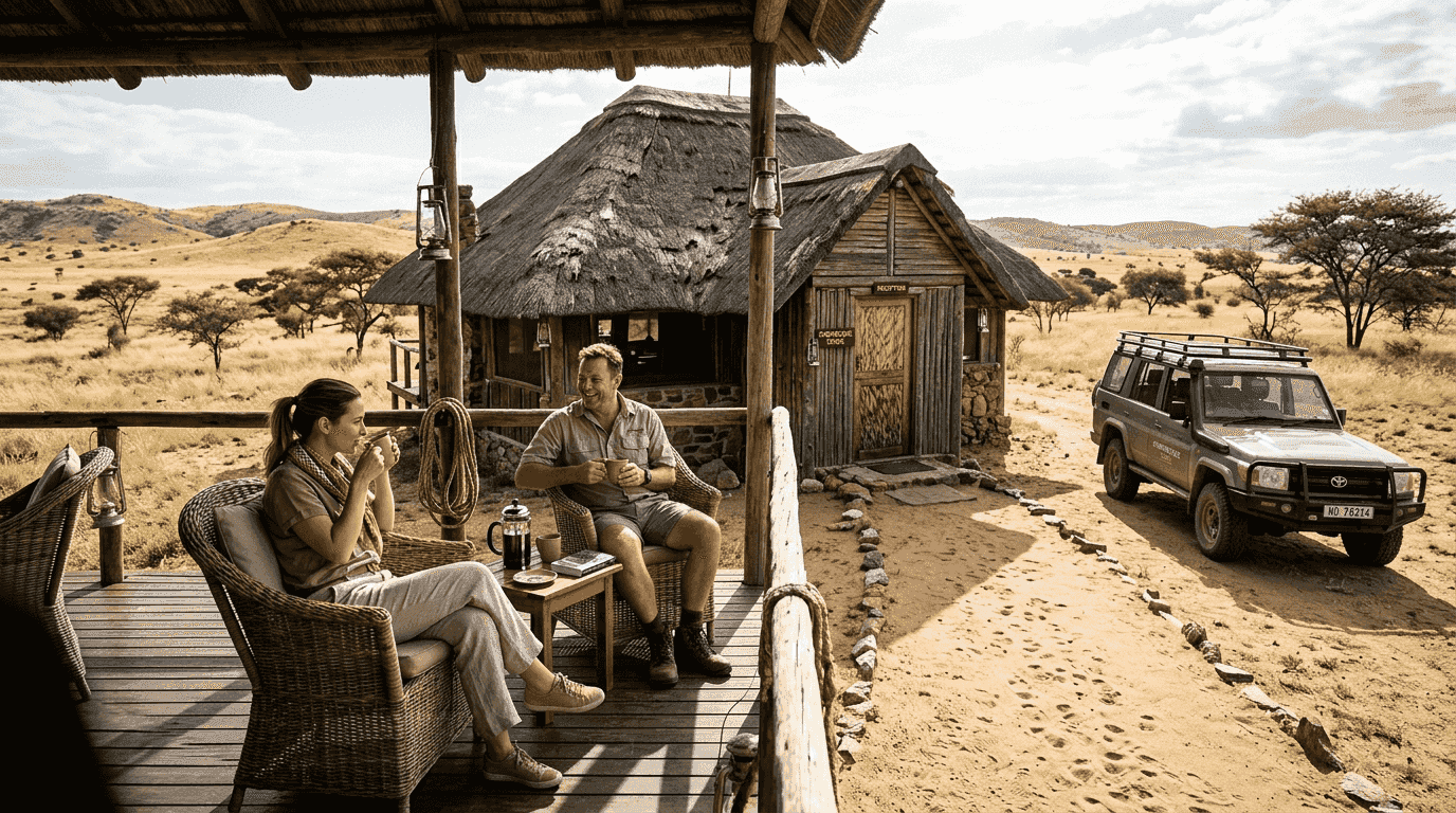 Namibian safari lodge and savanna landscape