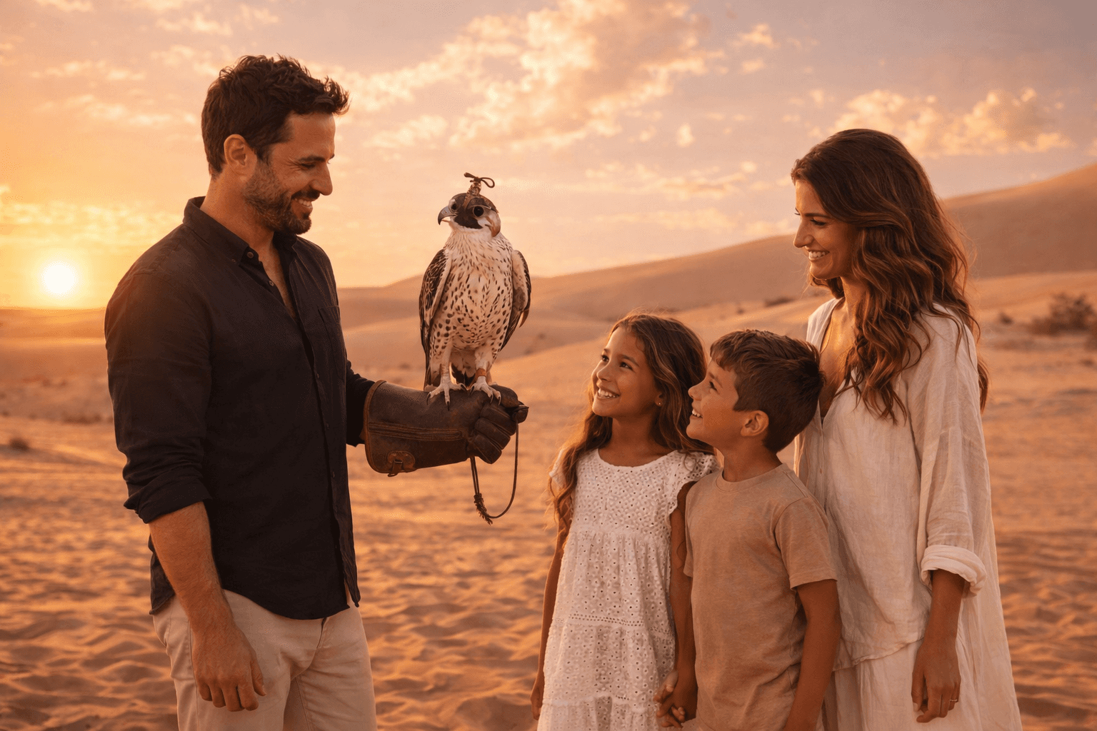 Family enjoying a falcon experience in the Dubai desert during a Dune Quest Tours desert safari at sunset