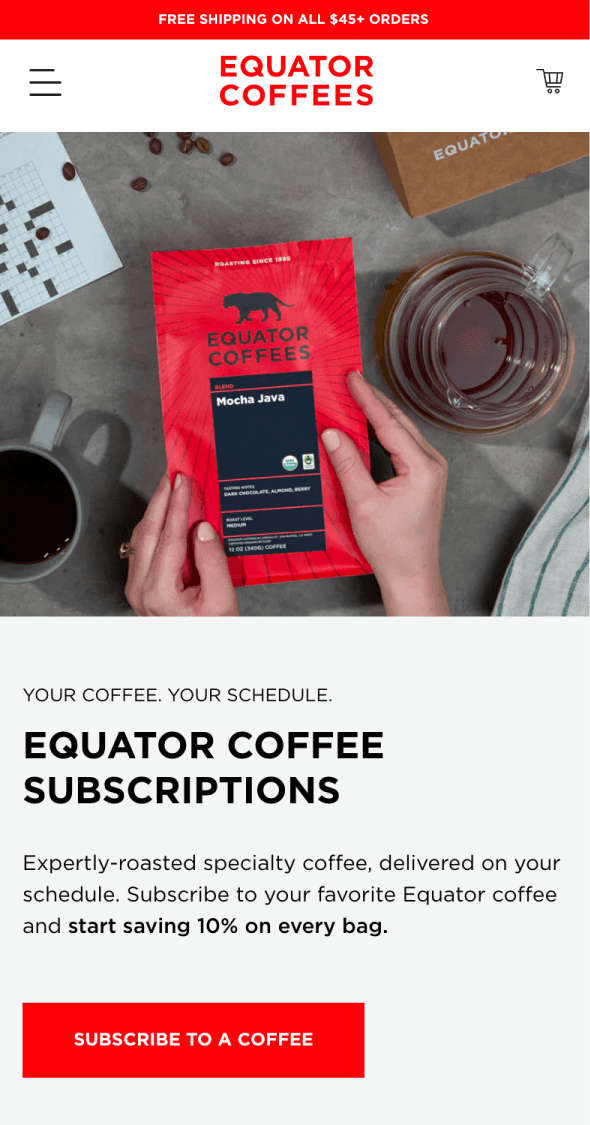 Mobile Shopify homepage for Equator Coffees featuring subscription messaging and coffee product