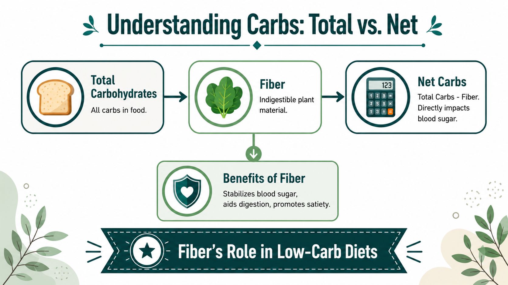 An infographic explaining the difference between total carbohydrates and net carbs, highlighting the role of dietary fiber.