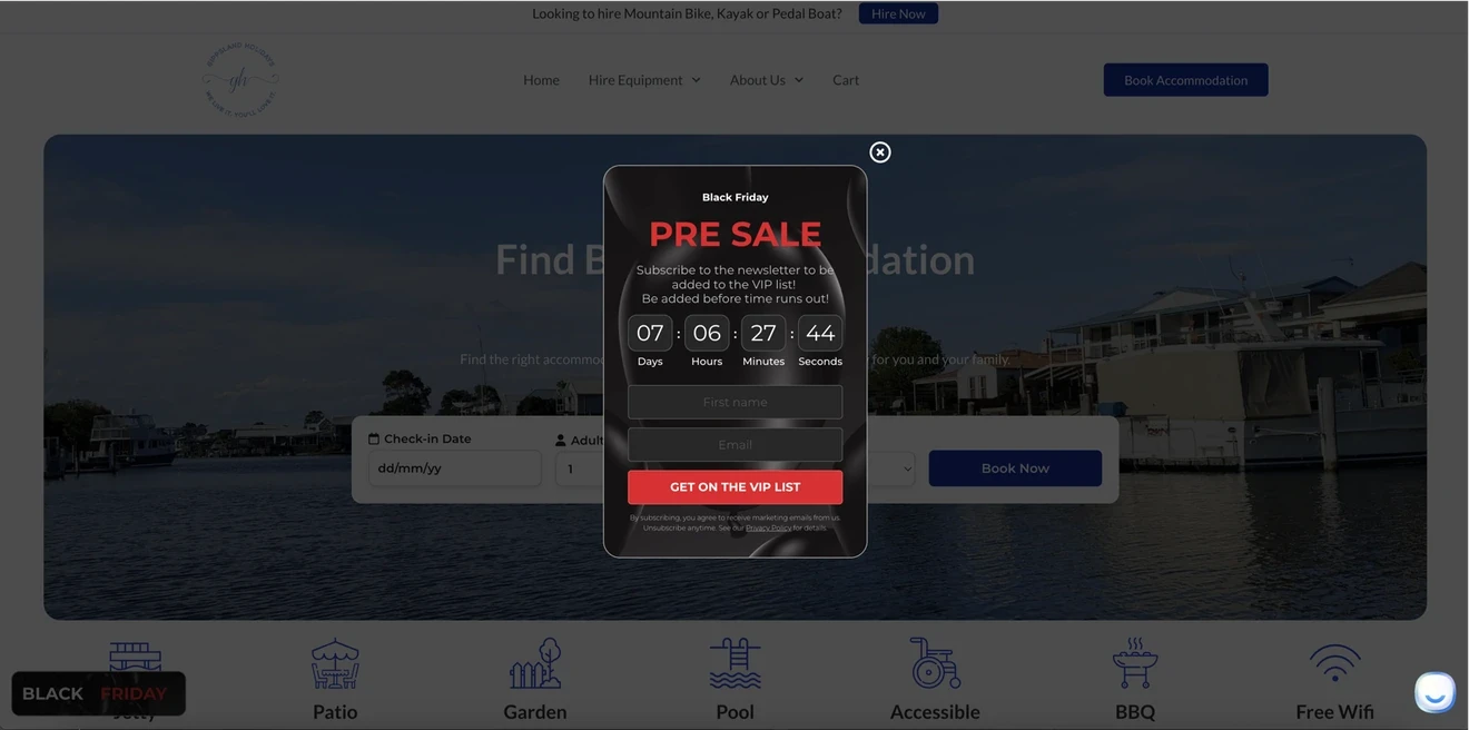 Grand Island Holidays Black Friday opt-in popup with a countdown and VIP presale signup