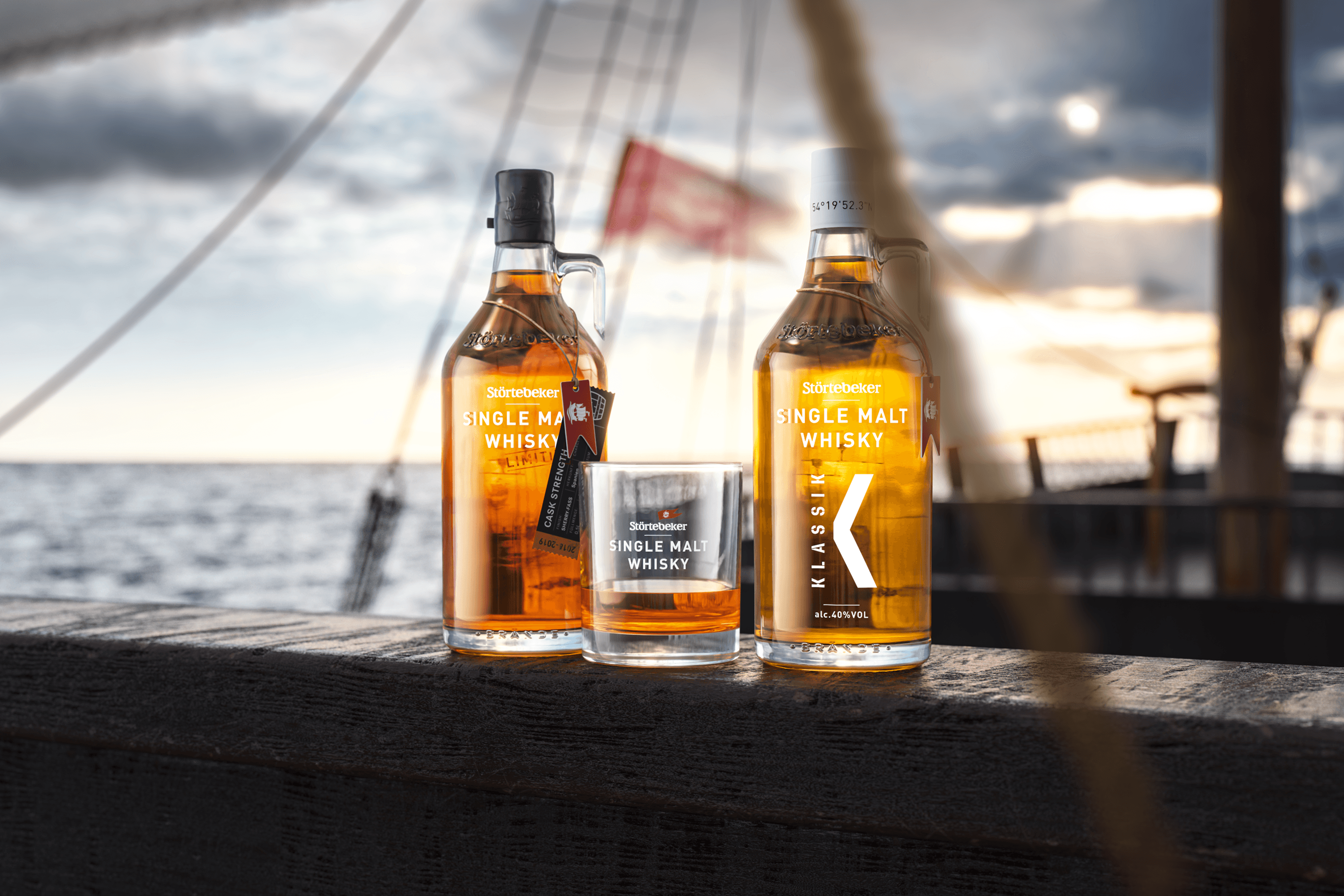 Störtebeker Single Malt Whisky bottles and glass