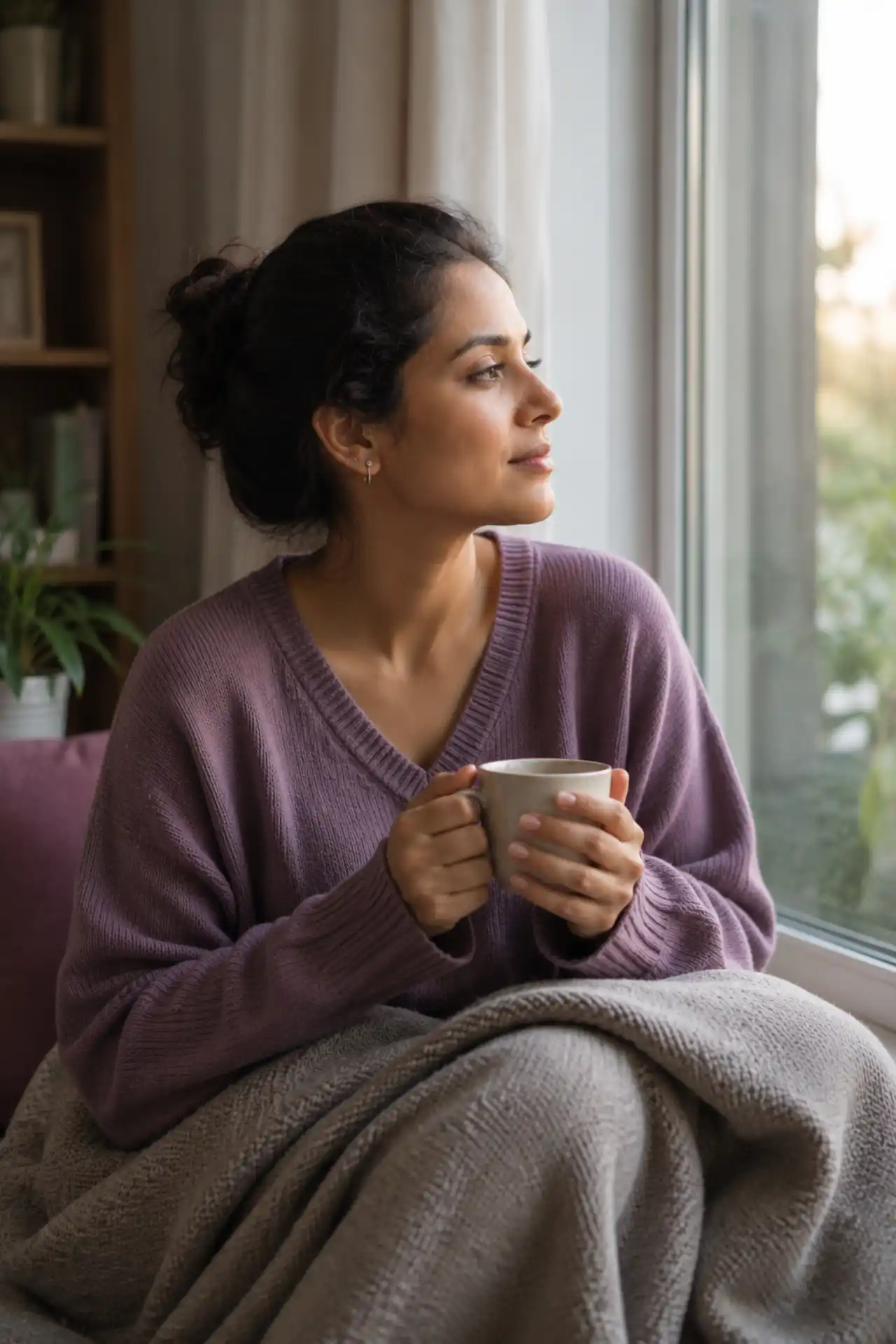 A woman in a cozy purple sweater sits comfortably by a window, wrapped in a soft gray blanket, holding a mug and gazing thoughtfully outside, with houseplants and a bookshelf in the softly lit background.