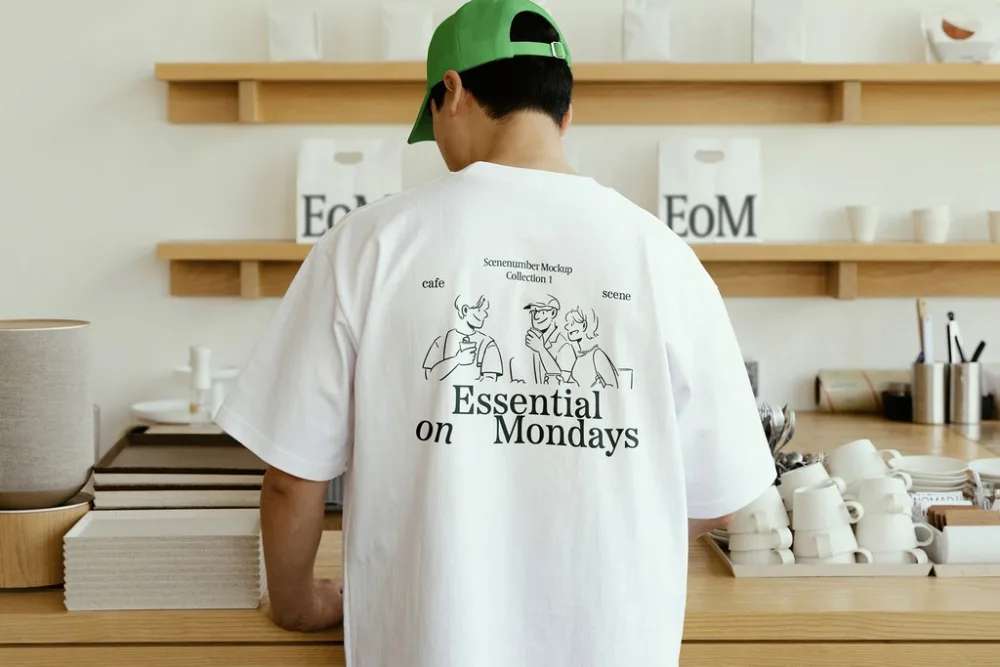 A back view of a person wearing a light blue t-shirt mockup with illustrated graphics and text, standing in a modern cafe setting. The scene includes shelves with cups, bags, and minimal decor in soft natural lighting.