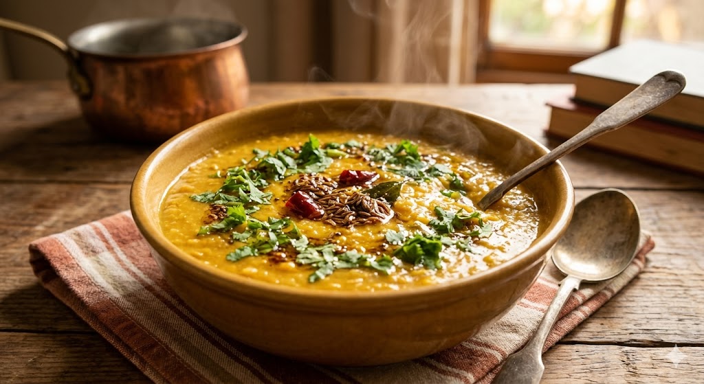 A steaming bowl of Indian red lentil dal garnished with fresh coriander, dried red chilies, and cumin seeds, served on a rustic wooden table.