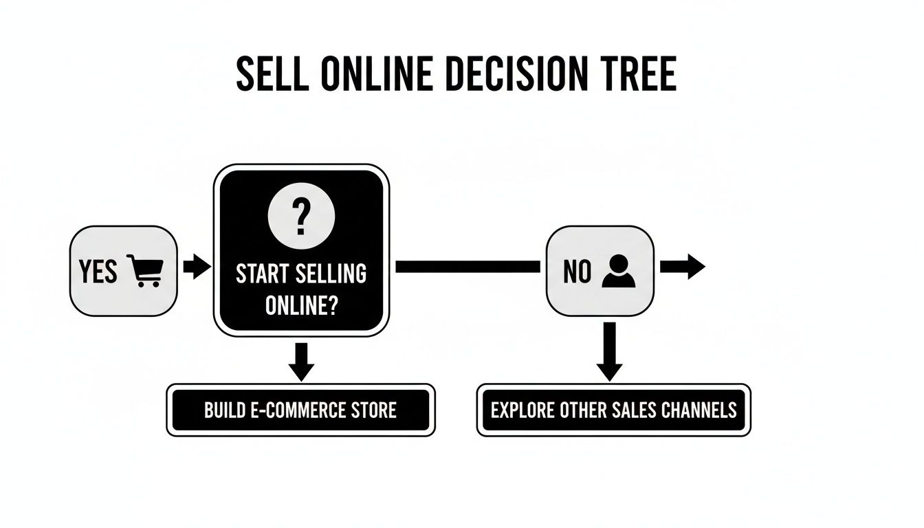 A decision tree diagram for selling online, offering options to build an e-commerce store or explore other sales channels.