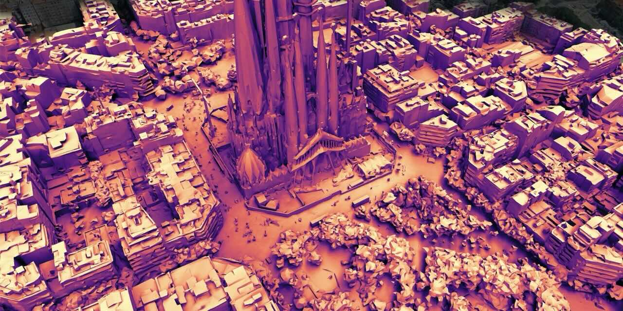 Shadowmap 3D shade map showing shadow patterns heatmap on streets in Barcelona Sagrada Familia