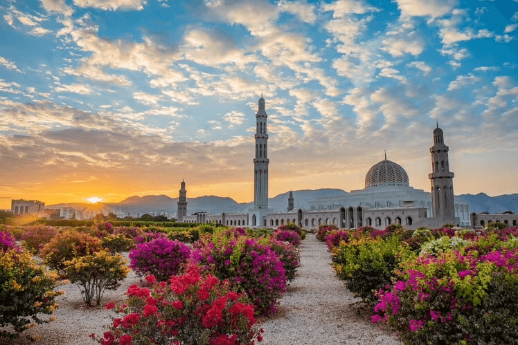 This image shows the Sultan Qaboos Grand Mosque in Muscat, Oman