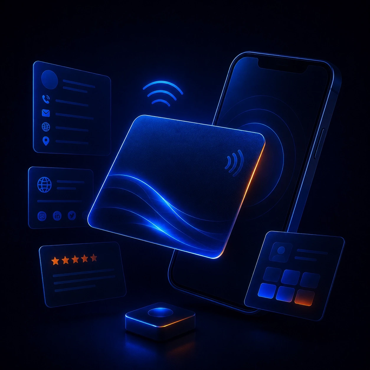 Futuristic NFC business card mockup with smartphone tap interaction, digital contact panels, and blue orange neon lighting for Lumis agency