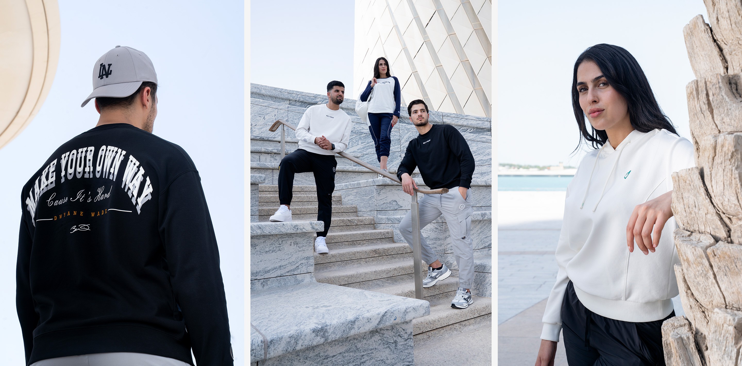 Three lifestyle shots: models in Li-Ning hoodies and sweats on stone steps and against a palm-tree backdrop, in soft natural light.